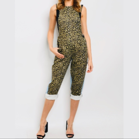 Leopard Print Sky Blue Overalls